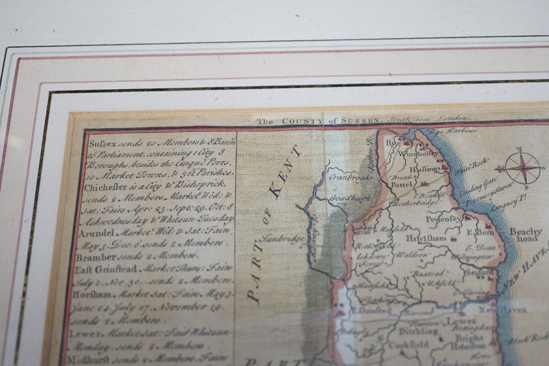 Badeslade (Thomas & William Henry Toms), coloured engraving, Map of the county of Sussex dated 1742, 15.5cm sq